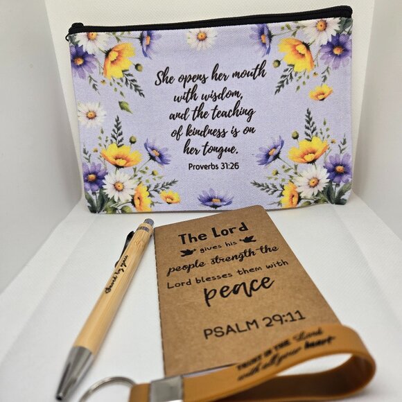 NEW INSPIRATIONAL FAITH CANVAS POUCH, NOTEPAD, PEN, BOOKMARK & KEYCHAIN GIFT SET - Picture 1 of 10